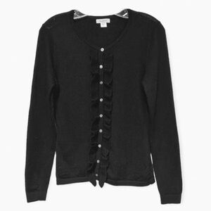 Garnet Hill Merino Wool Ruffle Black Cardigan